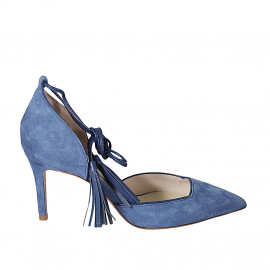 Woman's pointy open shoe with laces and tassels in blue suede heel 7 - Available sizes:  43