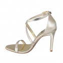 Woman's open shoe with crossed strap in platinum satin and leather heel 9 - Available sizes:  42, 43, 46