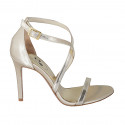 Woman's open shoe with crossed strap in platinum satin and leather heel 9 - Available sizes:  42, 43, 46