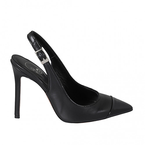 Chaussure ouverte au talon à bout pointu pour femmes en cuir et cuir verni noir talon 10 - Pointures disponibles:  42