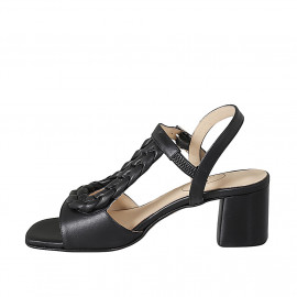 Woman's strap sandal with elastic in black leather and braided leather heel 5 - Available sizes:  32, 44 2