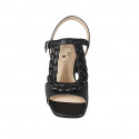 Woman's strap sandal with elastic in black leather and braided leather heel 5 - Available sizes:  32, 44