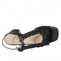 Woman's strap sandal with elastic in black leather and braided leather heel 5 - Available sizes:  32, 44