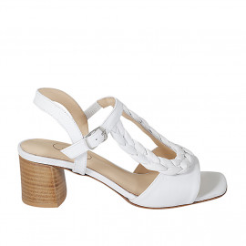 Woman's strap sandal with elastic in white leather and braided leather heel 5 - Available sizes:  46
