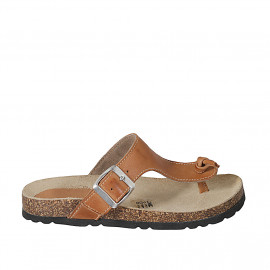 Woman's thong mules in cognac brown leather with buckle wedge heel 2 - Available sizes:  42