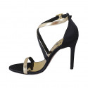 Woman's open shoe with crossed strap in black satin and gold leather heel 9 - Available sizes:  43