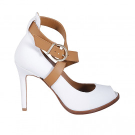 Woman's open shoe in white denim fabric and cognac brown leather with crossed strap heel 10 - Available sizes:  34, 42, 43