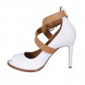 Woman's open shoe in white denim fabric and cognac brown leather with crossed strap heel 10 - Available sizes:  34, 42, 43