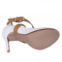 Woman's open shoe in white denim fabric and cognac brown leather with crossed strap heel 10 - Available sizes:  34, 42, 43