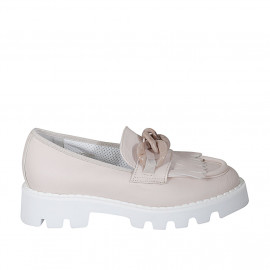 Mocassin pour femmes avec franges et chaîne en cuir rose talon 4 - Pointures disponibles:  44
