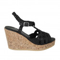 Woman's strap sandal in black braided leather with platform and wedge heel 9 - Available sizes:  44
