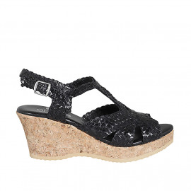 Woman's sandal in black braided leather with platform and wedge heel 7 - Available sizes:  42, 43