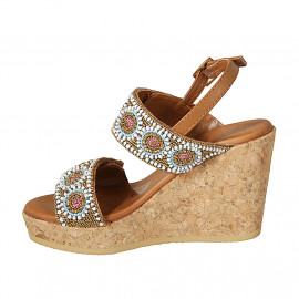 Woman's sandal in cognac brown leather with velcro straps, beads and wedge heel 9 - Available sizes:  42 2