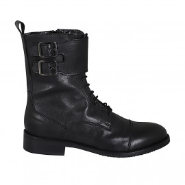 Stivaletto stringato da donna con cerniera, puntale e fibbie in pelle nera tacco 3 - Misure disponibili: 32, 33