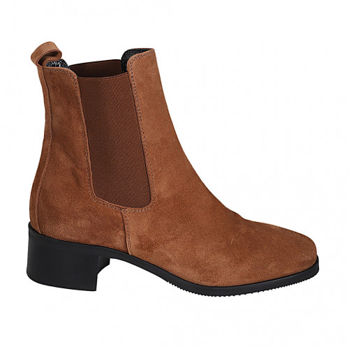 Woman's ankle boot with elastic bands and squared tip in cognac  brown suede heel 4 - Available sizes:  33, 43, 44