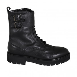 Bottines pour femmes stil combat avec lacets, bout droit, boucles et fermeture éclair en cuir noir talon 3 - Pointures disponibles:  32, 33