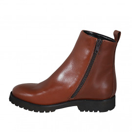 Woman's ankle boot with zipper in cognac brown smooth leather heel 3 - Available sizes:  33, 44, 45 2