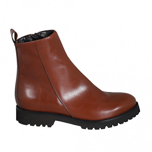 Woman's ankle boot with zipper in cognac brown smooth leather heel 3 - Available sizes:  33, 44, 45