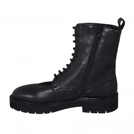 Woman's laced combat style ankle boot with zipper in black leather heel 3 - Available sizes:  32, 33, 44 2