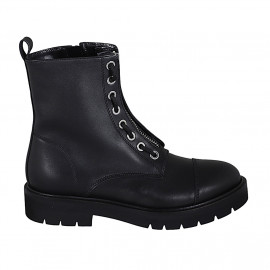 Bottines pour femmes à lacets avec fermetures éclair et bout droit en cuir noir talon 3 - Pointures disponibles:  32, 33