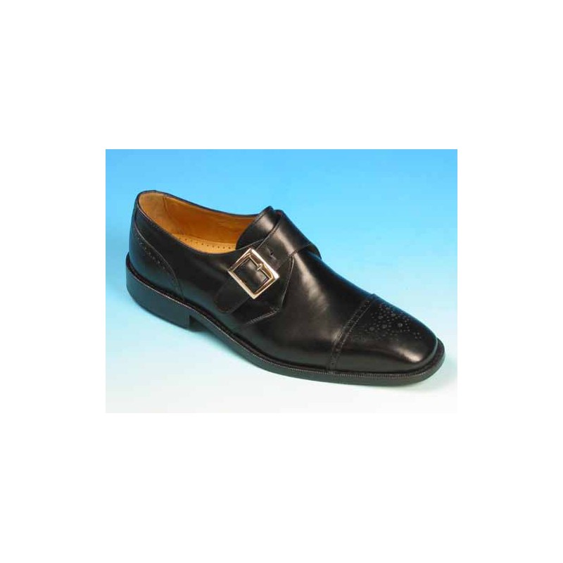 Men's elegant shoe with buckle and floral captoe in black leather - Available sizes:  52, 53, 54