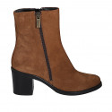 Woman's ankle boot in cognac brown suede with zippers heel 7 - Available sizes:  42, 43, 44