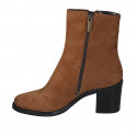 Woman's ankle boot in cognac brown suede with zippers heel 7 - Available sizes:  42, 43, 44