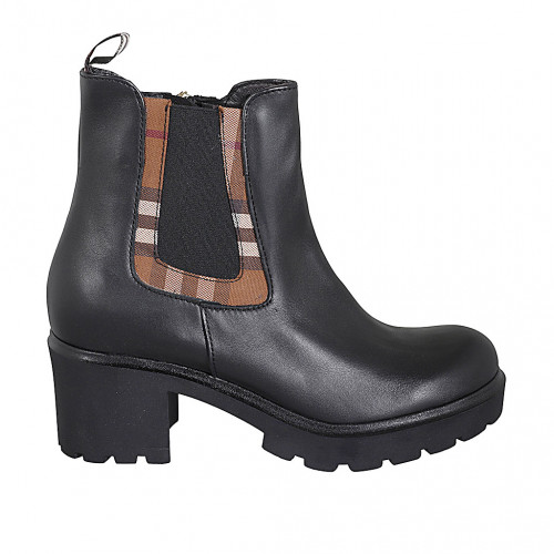 Botines para mujer con cremallera y elastico en piel negra y tejido marron tacon 6 - Tallas disponibles:  42, 43, 45