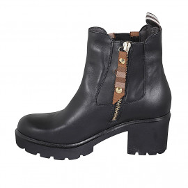 Woman's ankle boot with zipper and elastic band in black leather and brown fabric heel 6 - Available sizes:  42, 43, 45 2