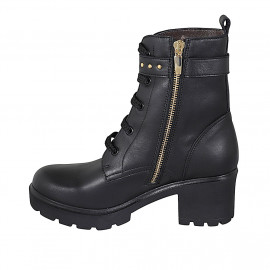 Bottines pour femmes avec lacets, goujons, boucles et fermeture éclair en cuir noir talon 6 - Pointures disponibles:  43 2