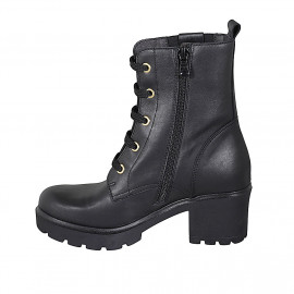 Woman's laced ankle boot with zipper, elastic bands, studs and accessory in black leather heel 6 - Available sizes:  43, 44 2
