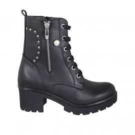 Bottines pour femmes à lacets avec fermetures éclair et goujons en cuir noir talon 6 - Pointures disponibles:  43
