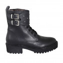 Woman's laced ankle boot with buckles, rhinestones and zipper in black leather heel 4 - Available sizes:  32, 33