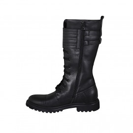 Bota para mujer con cordones, cremallera y hebillas en piel negra tacon 3 - Tallas disponibles:  43, 44 2