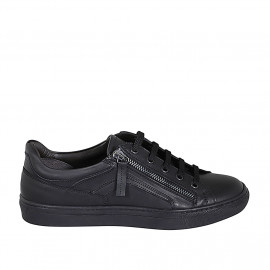 Men's laced sports shoe with zipper and removable insole in black leather - Available sizes:  36, 37, 38, 47, 49, 54