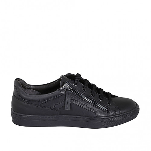 Men's laced sports shoe with zipper and removable insole in black leather - Available sizes:  36, 37, 38, 47, 49, 54
