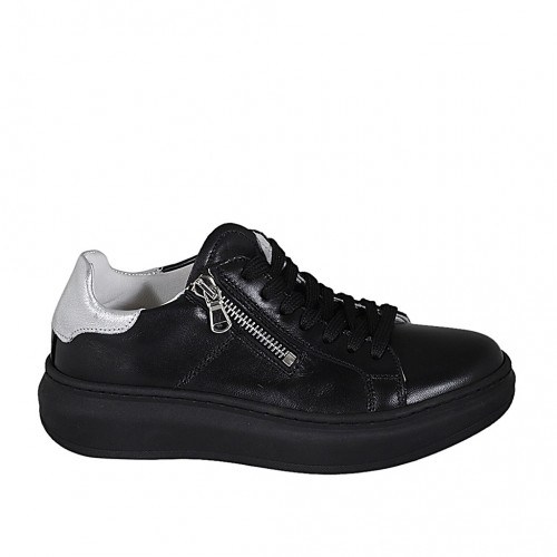 Chaussure à lacets pour femmes avec fermeture éclair et semelle amovible en cuir noir et argent talon compensé 3 - Pointures disponibles:  33