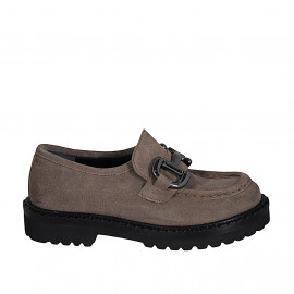 Woman's mocassin with accessory in grey suede heel 3 - Available sizes:  32, 33, 44, 45