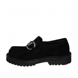 Mocasín para mujer con accesorio en gamuza negra tacon 3 - Tallas disponibles:  32 2
