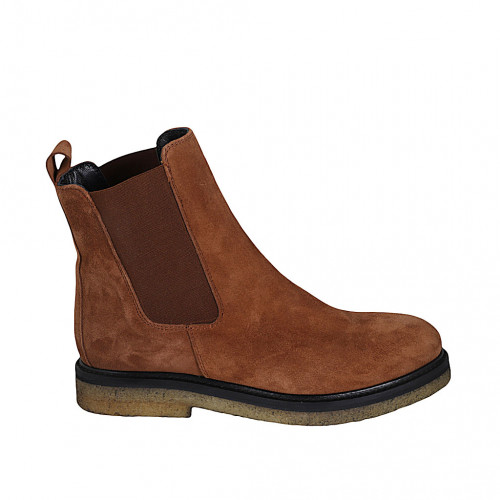 Woman's ankle boot with elastic bands in cognac brown suede heel 3 - Available sizes:  33, 44