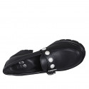 Woman's mocassin in black leather with buckle and pearls heel 6 - Available sizes:  32, 43, 45