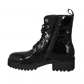 Botin con cremallera, cordones y elastico para mujer en charol negro tacon 4 - Tallas disponibles:  32, 33 2