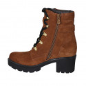 Woman's laced ankle boot with zippers and buckle in cognac brown suede heel 6 - Available sizes:  43, 44
