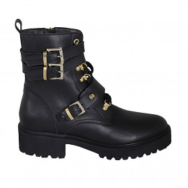 Stivaletto stringato da donna con cerniera e fibbie in pelle nera tacco 4 - Misure disponibili: 33