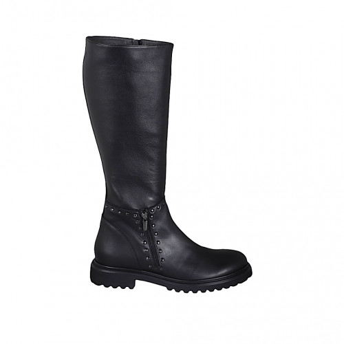 Woman's boot with zippers and studs in black leather heel 4 - Available sizes:  42, 44, 45