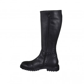 Bota para mujer con cremalleras y tachuelas en piel negra tacon 4 - Tallas disponibles:  42, 44, 45 2