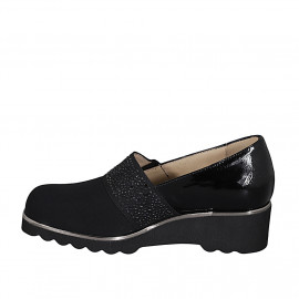 Chaussure pour femmes avec semelle amovible, elastique et strass en cuir verni et tissu noir talon compensé 4 - Pointures disponibles:  42, 43, 45 2
