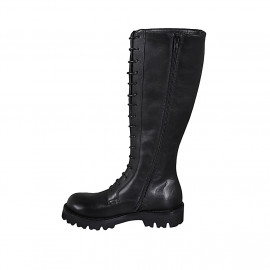 Woman's laced combat boot with zipper in black leather heel 3 - Available sizes:  32 2