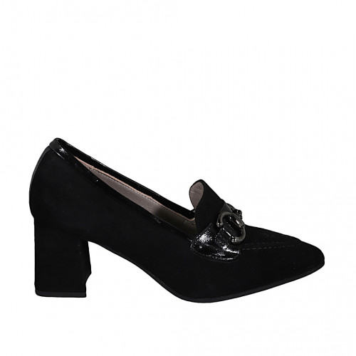 Woman's pointy mocassin with accessory in black suede and patent leather heel 6 - Available sizes:  32, 43