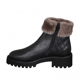 Woman's padded ankle boot in black leather with zipper and fur lining heel 4 - Available sizes:  32, 42 2